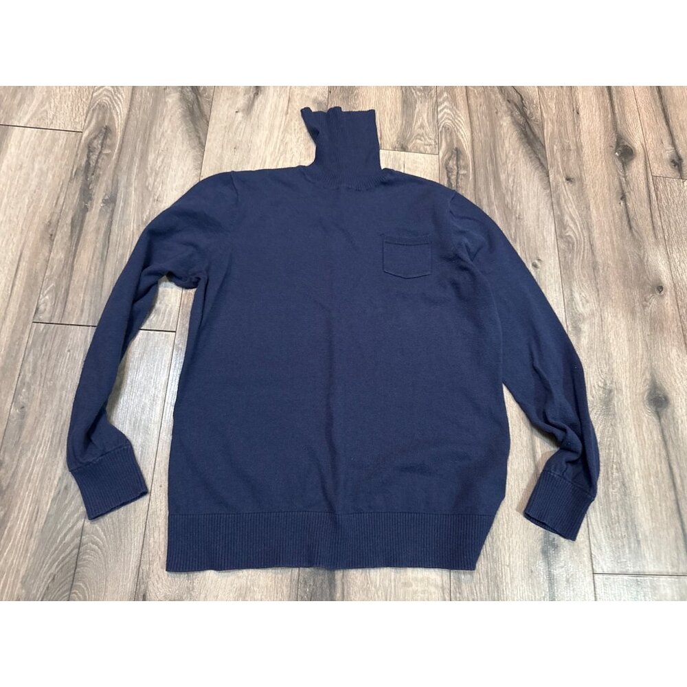 L.L. Bean Womans L Navy Blue Turtleneck Sweater Chest Pocket Ribbed Cuffs Medium